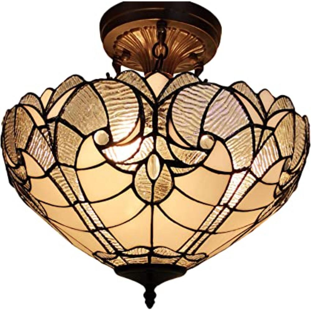 Yellow and Brown Two Light Tiffany Style Semi Flush Dimmable Ceiling Light. Picture 1