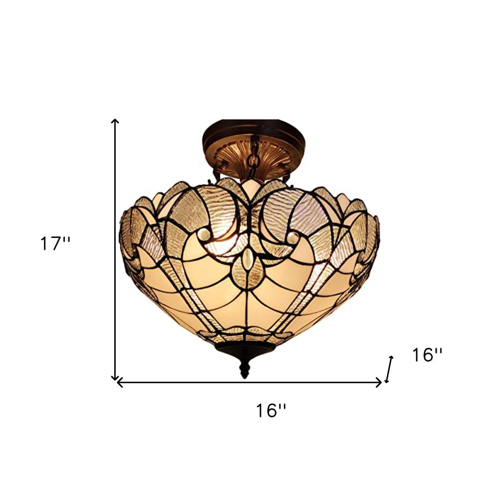 Yellow and Brown Two Light Tiffany Style Semi Flush Dimmable Ceiling Light. Picture 5