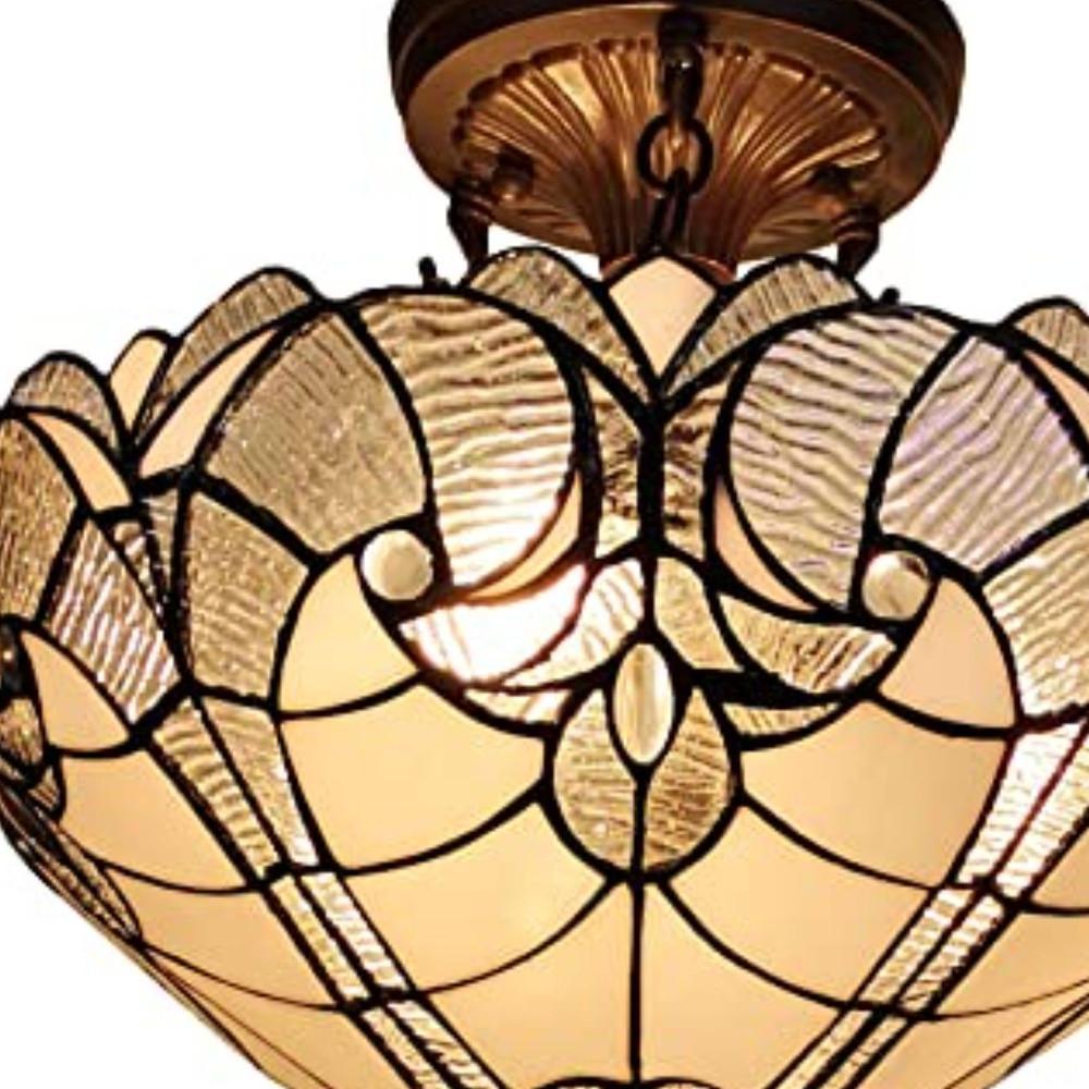 Yellow and Brown Two Light Tiffany Style Semi Flush Dimmable Ceiling Light. Picture 4