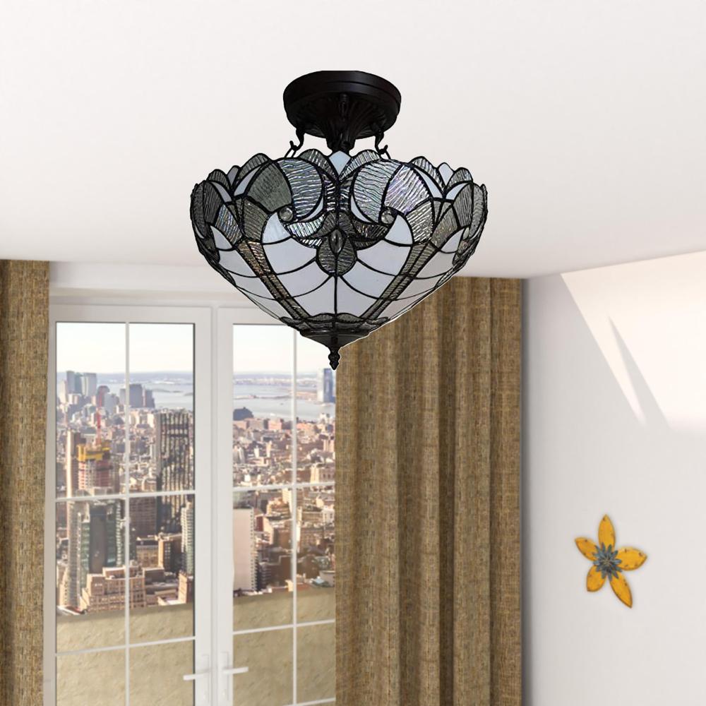 Yellow and Brown Two Light Tiffany Style Semi Flush Dimmable Ceiling Light. Picture 3