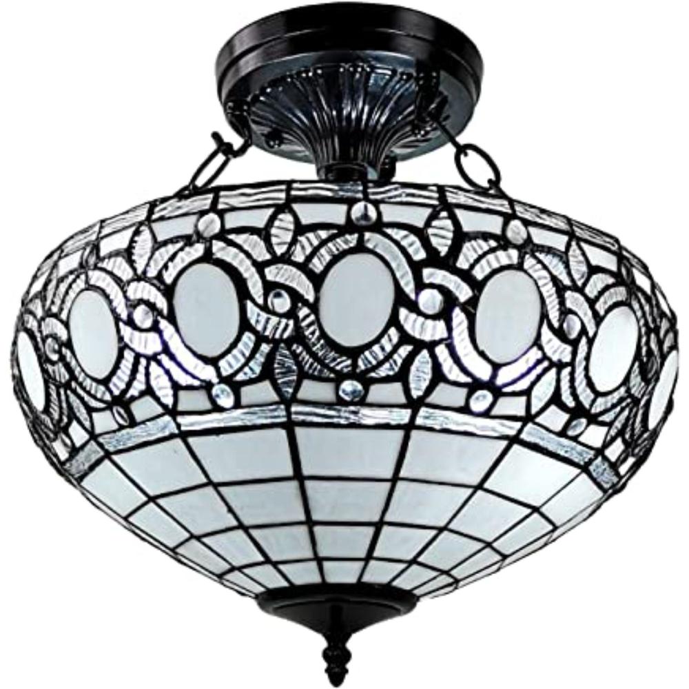 Blue and Black Tiffany Style Two Light Glass Dimmable Semi Flush Ceiling Light. Picture 1
