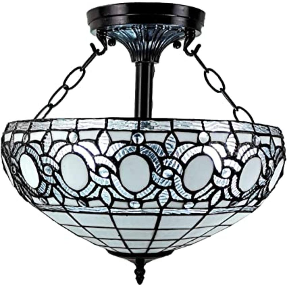 Blue and Black Tiffany Style Two Light Glass Dimmable Semi Flush Ceiling Light. Picture 2