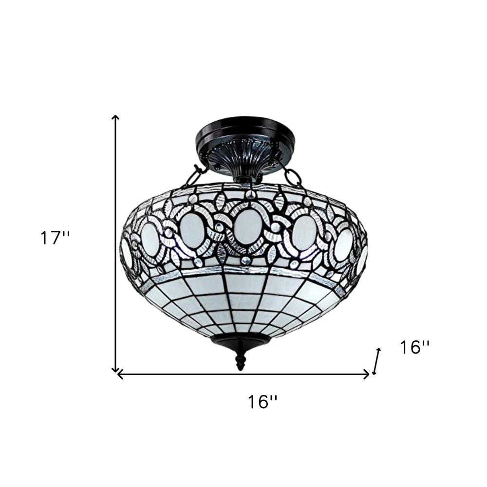 Blue and Black Tiffany Style Two Light Glass Dimmable Semi Flush Ceiling Light. Picture 5
