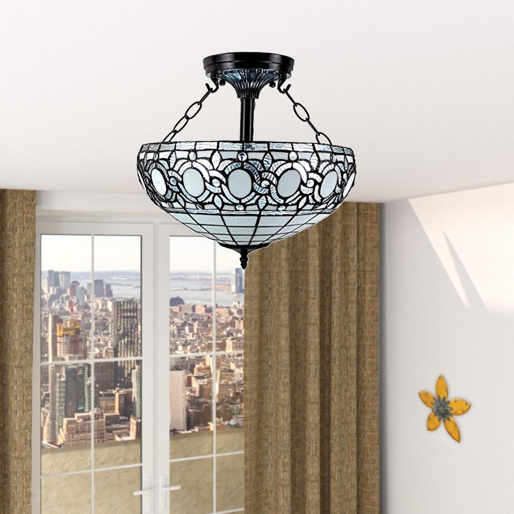 Blue and Black Tiffany Style Two Light Glass Dimmable Semi Flush Ceiling Light. Picture 3