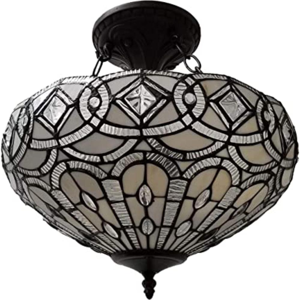 Black and Gray Tiffany Style Two Light Glass Dimmable Semi Flush Ceiling Light. Picture 1