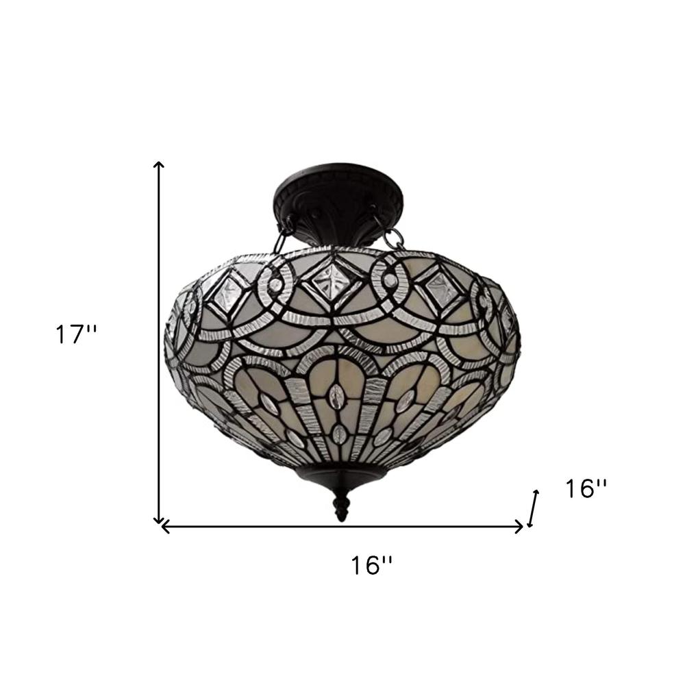 Black and Gray Tiffany Style Two Light Glass Dimmable Semi Flush Ceiling Light. Picture 5