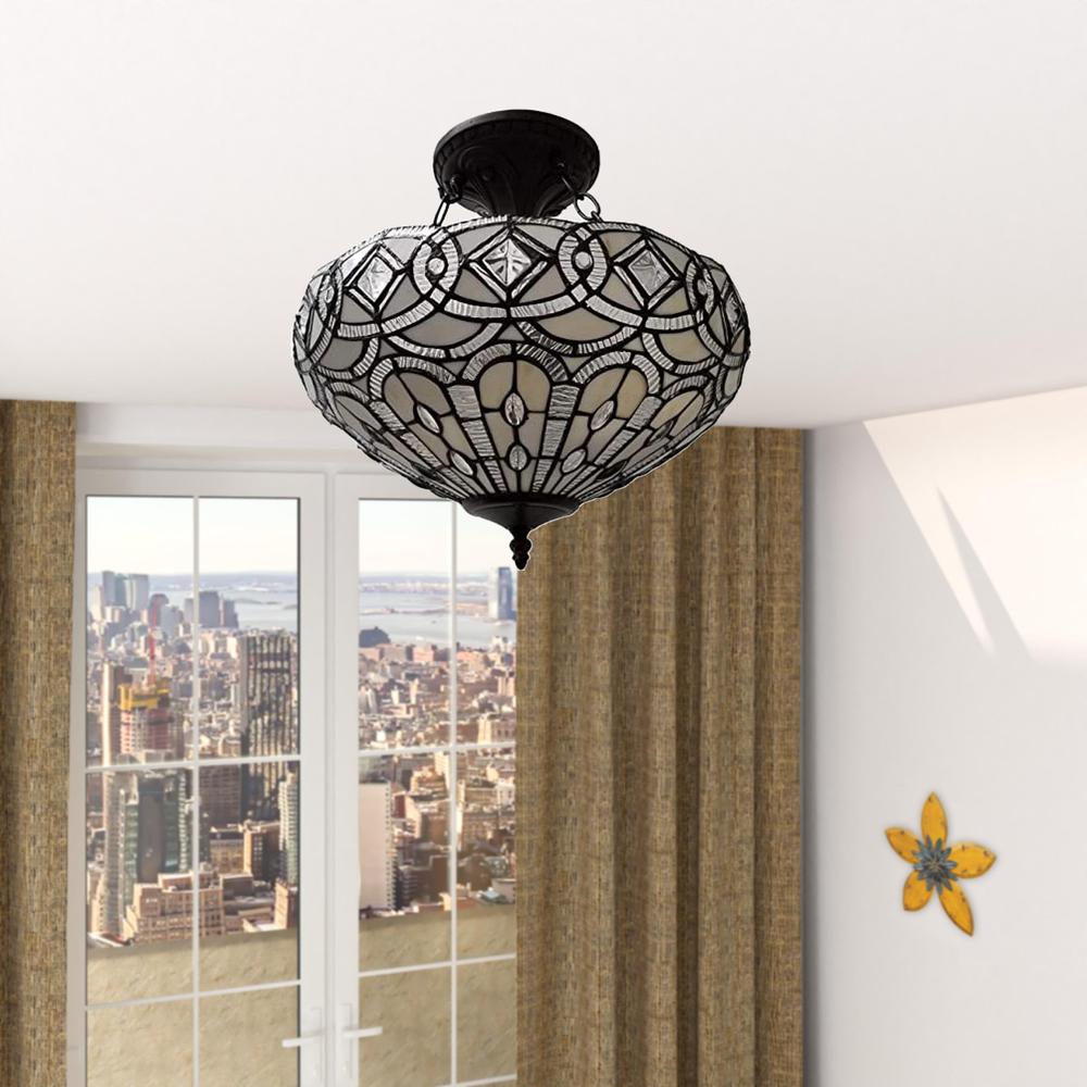 Black and Gray Tiffany Style Two Light Glass Dimmable Semi Flush Ceiling Light. Picture 2