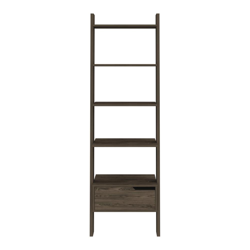 70" Dark Walnut Five Tier Ladder Bookcase with Drawer. Picture 1