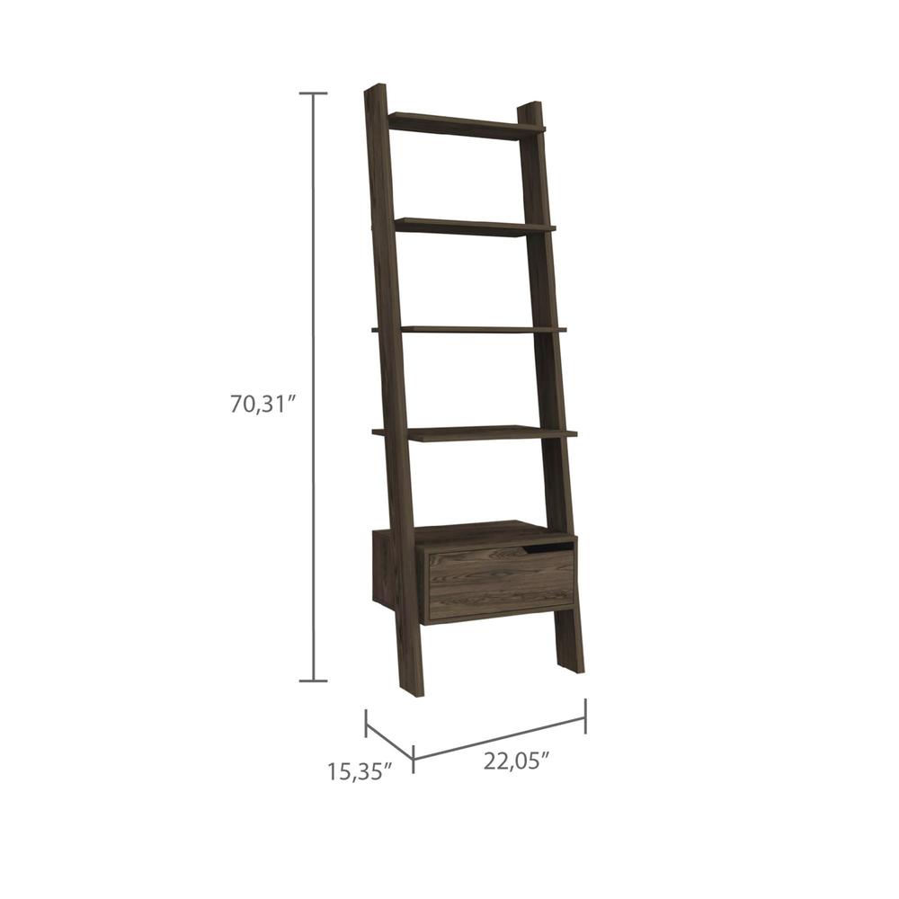 70" Dark Walnut Five Tier Ladder Bookcase with Drawer. Picture 5