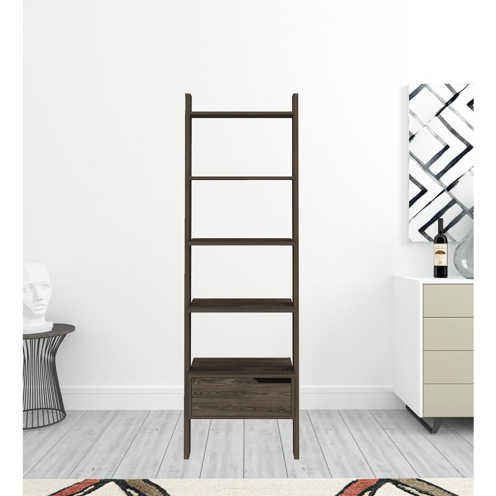 70" Dark Walnut Five Tier Ladder Bookcase with Drawer. Picture 2