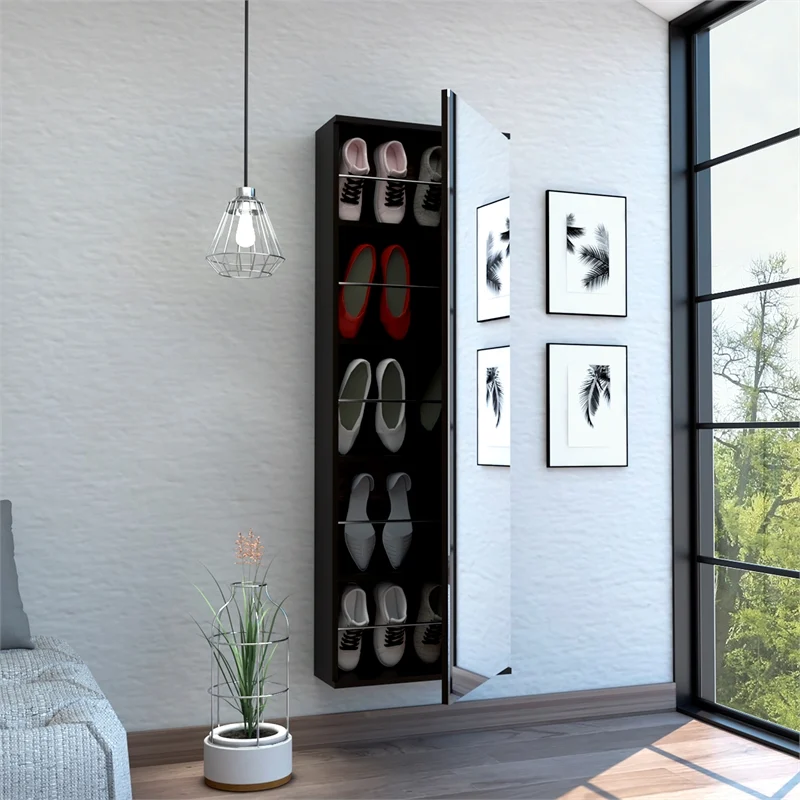 Stylish Black Wengue  Wall Mounted Shoe Rack with Mirror. Picture 3