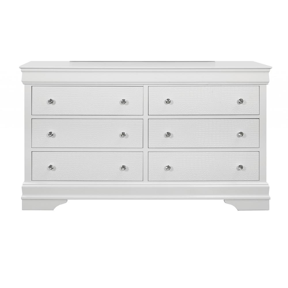 58" Metallic White Solid Wood Six Drawer Double Dresser. Picture 3