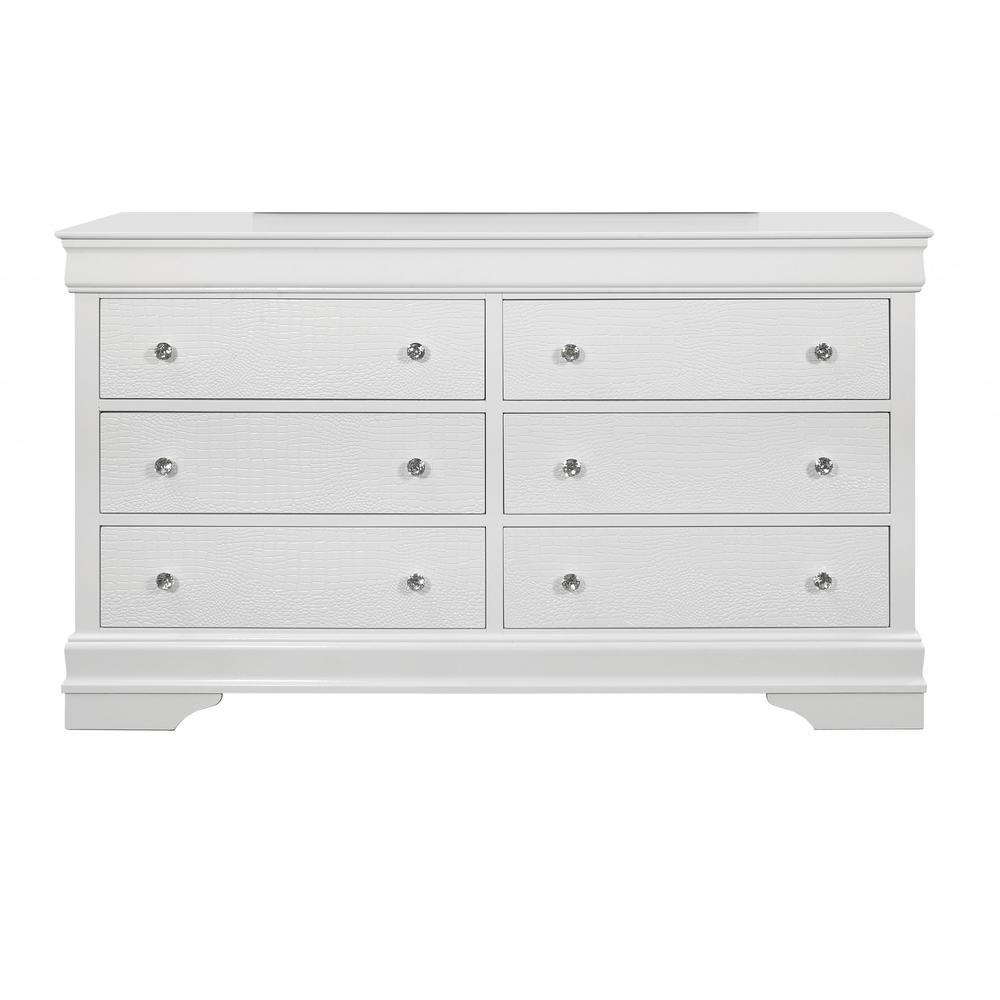 58" Metallic White Solid Wood Six Drawer Double Dresser. Picture 1