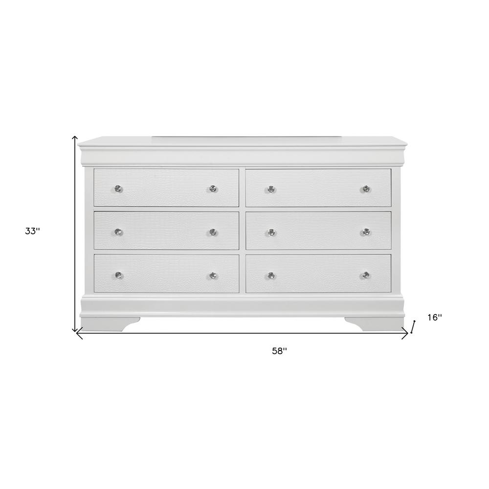 58" Metallic White Solid Wood Six Drawer Double Dresser. Picture 7