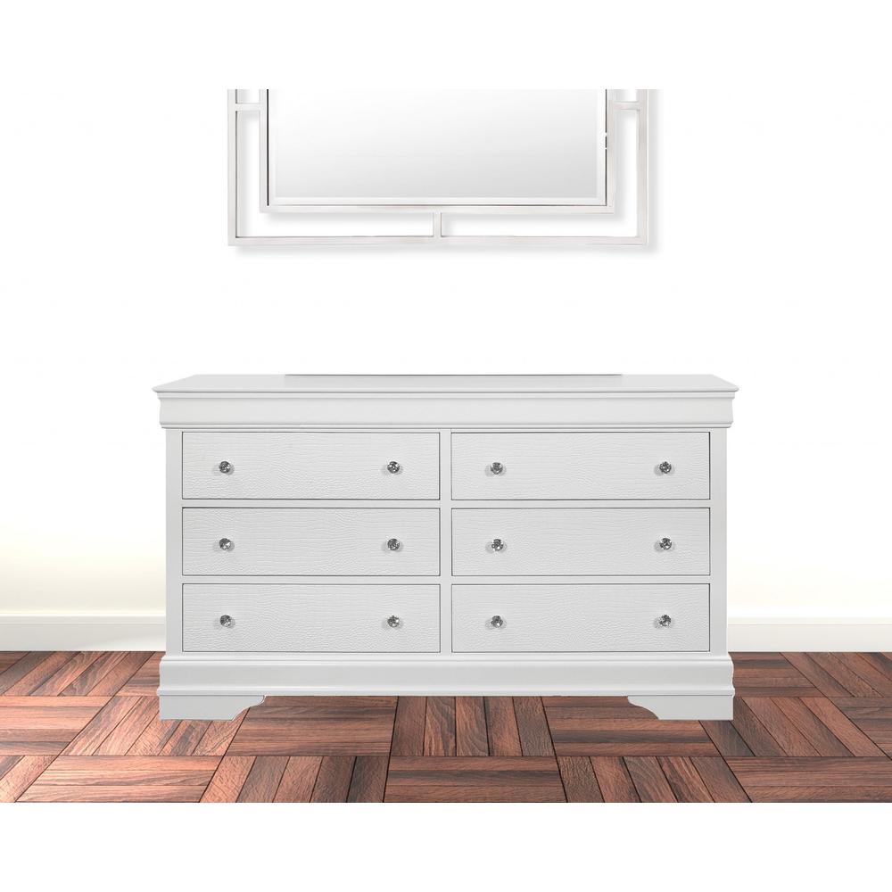 58" Metallic White Solid Wood Six Drawer Double Dresser. Picture 4