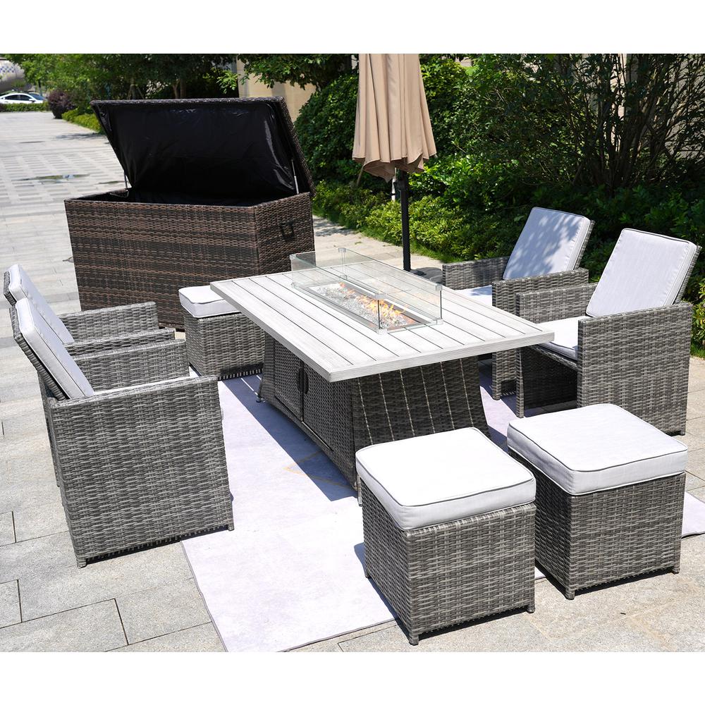 Ten Piece Outdoor Gray Wicker Multiple Chairs Seating Group Fire Pit Included. Picture 5