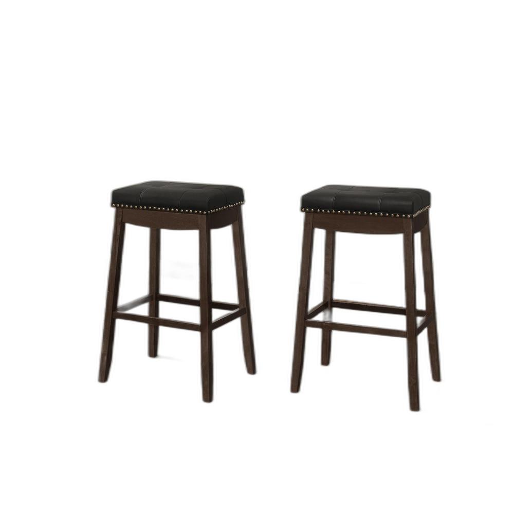 Black, Espresso Faux Leather, Solid Wood Backless Bar Height Bar Chairs. Picture 2