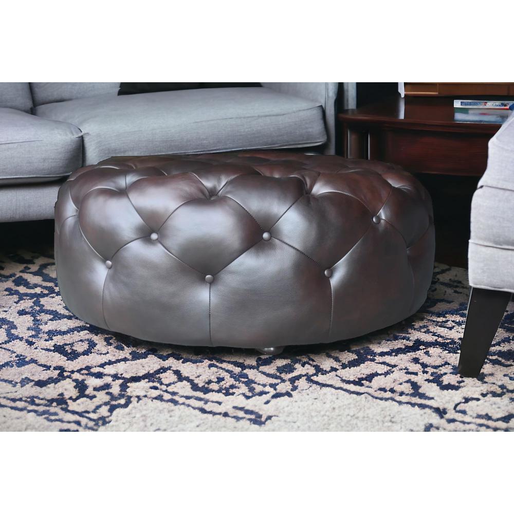 41" Brown Genuine Leather And Dark Brown Tufted Round Ottoman. Picture 3