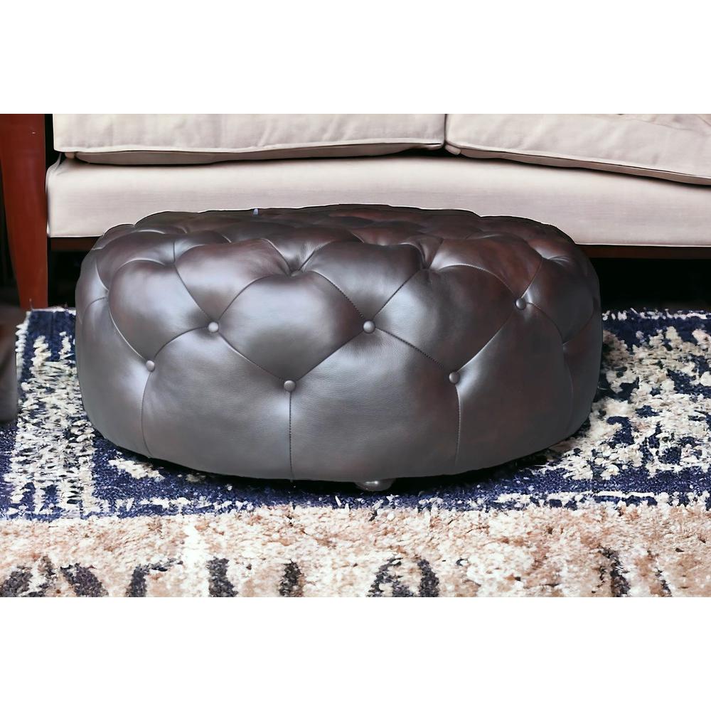 41" Brown Genuine Leather And Dark Brown Tufted Round Ottoman. Picture 7