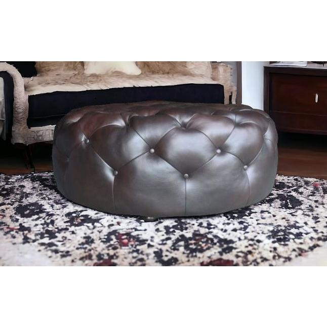 41" Brown Genuine Leather And Dark Brown Tufted Round Ottoman. Picture 8