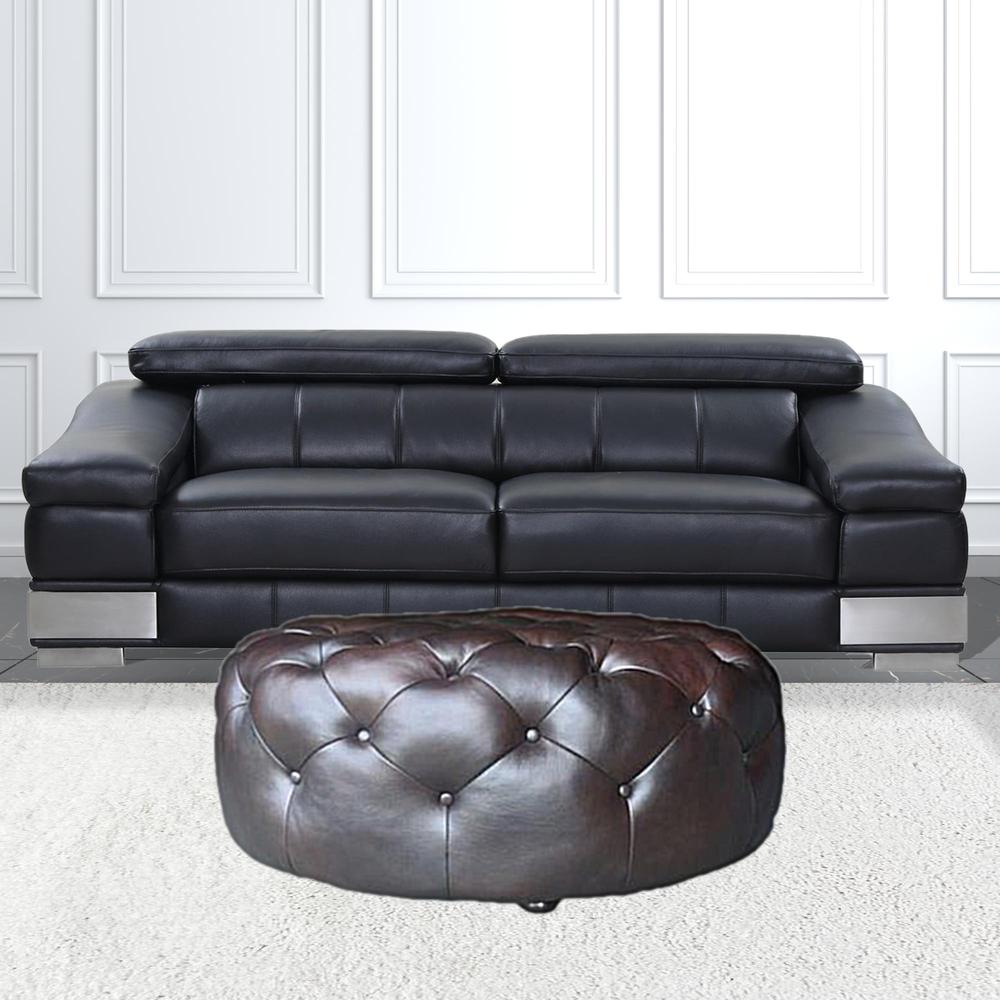 41" Brown Genuine Leather And Dark Brown Tufted Round Ottoman. Picture 2