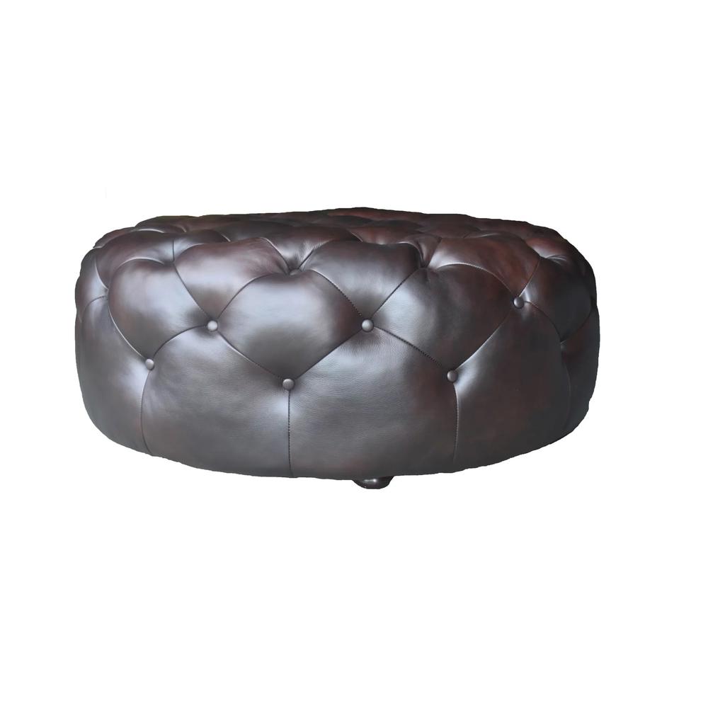 41" Brown Genuine Leather And Dark Brown Tufted Round Ottoman. Picture 4