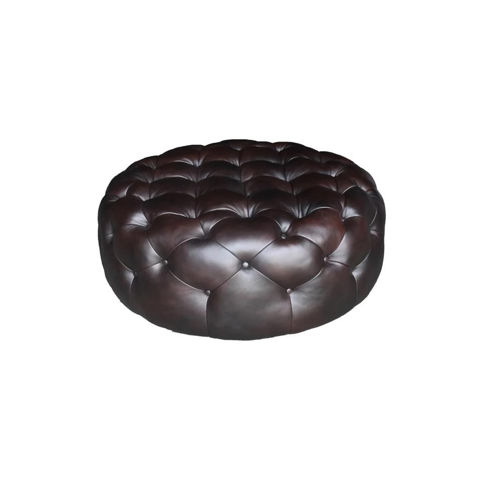 41" Brown Genuine Leather And Dark Brown Tufted Round Ottoman. Picture 5