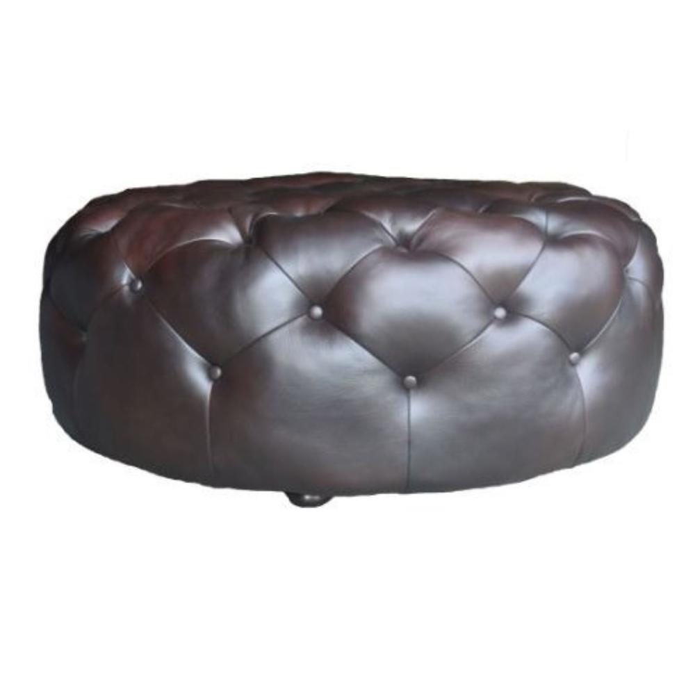 41" Brown Genuine Leather And Dark Brown Tufted Round Ottoman. Picture 6