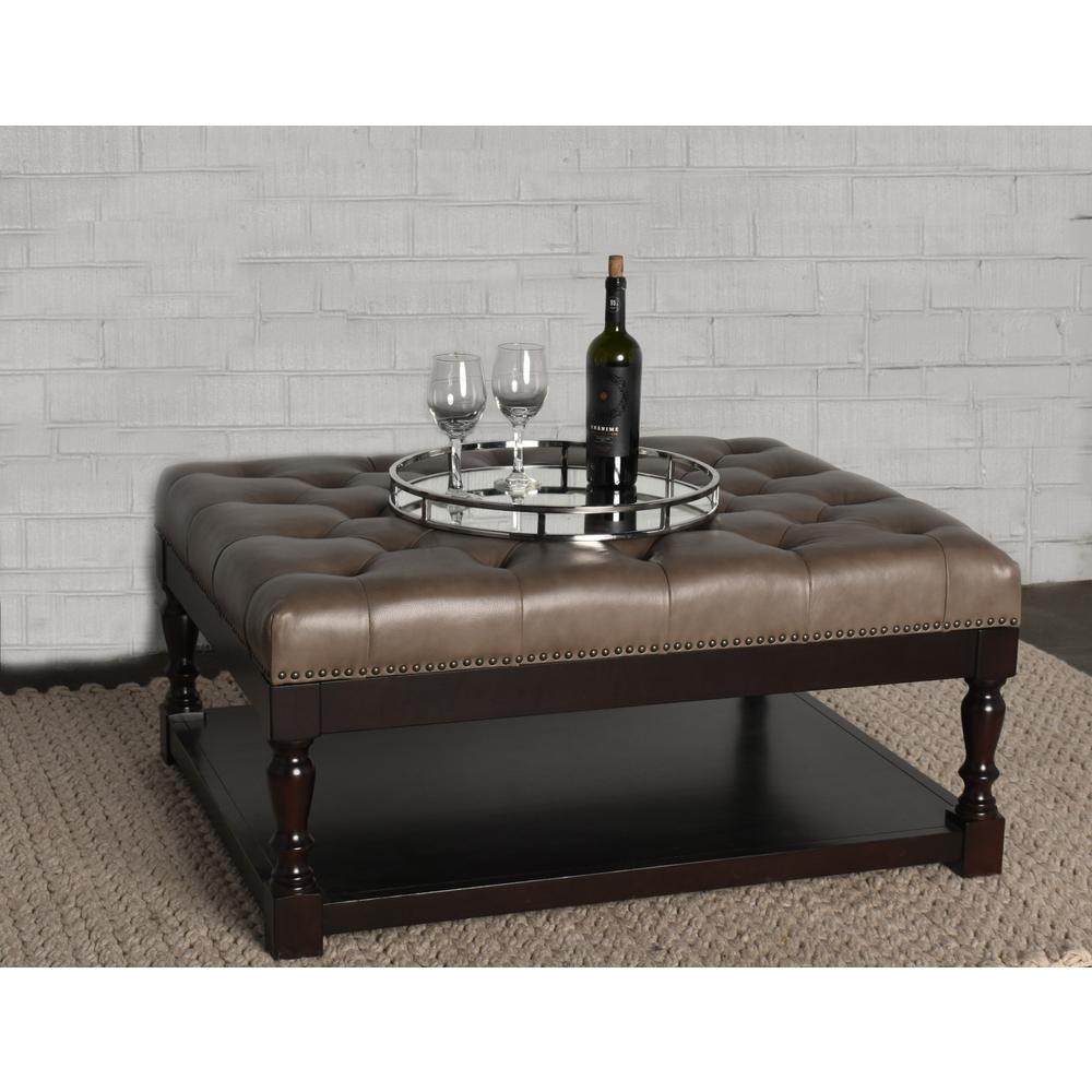 34.5" Dark Grey and Dark Brown Tufted Leather Coffee Table. Picture 6