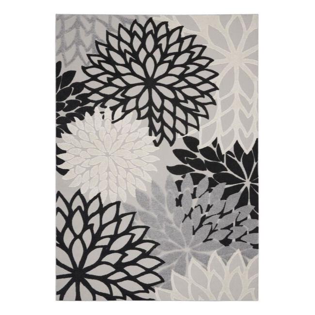 12' X 15' Black And White Floral Non Skid Indoor Outdoor Area Rug. Picture 1