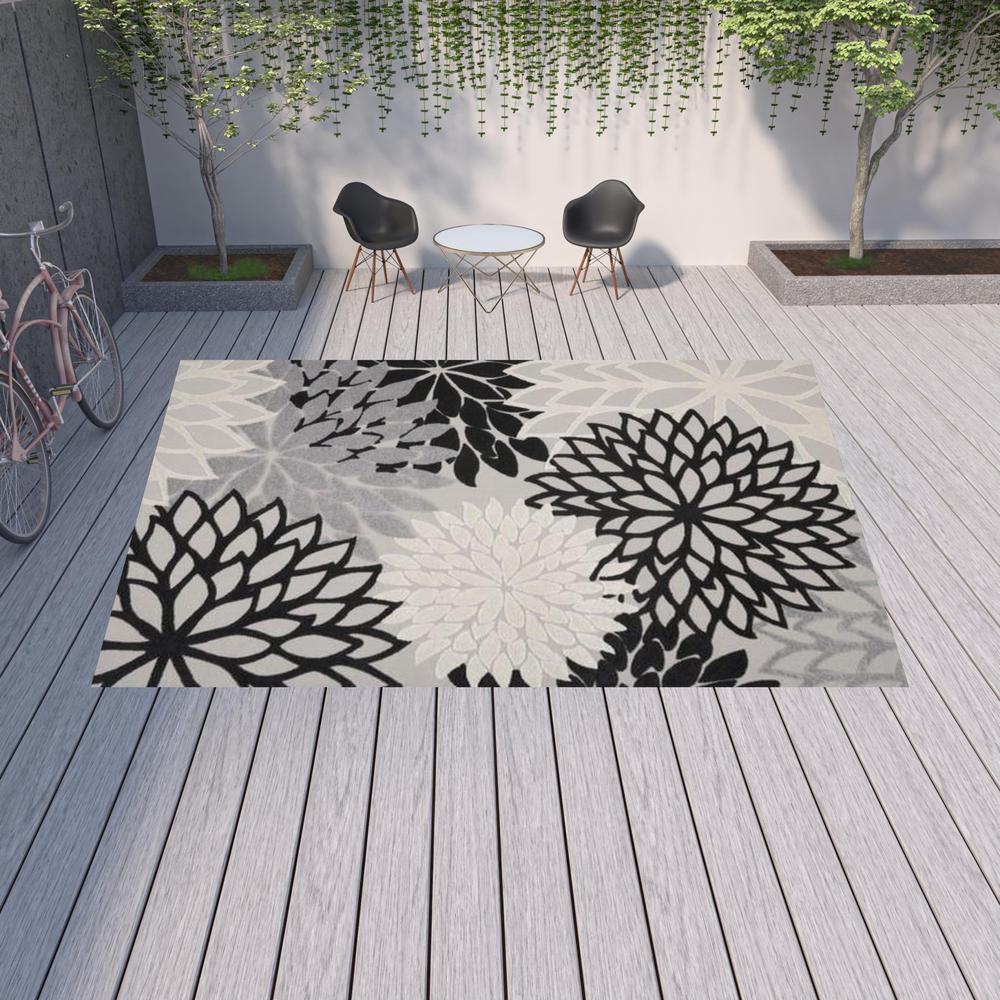 12' X 15' Black And White Floral Non Skid Indoor Outdoor Area Rug. Picture 2