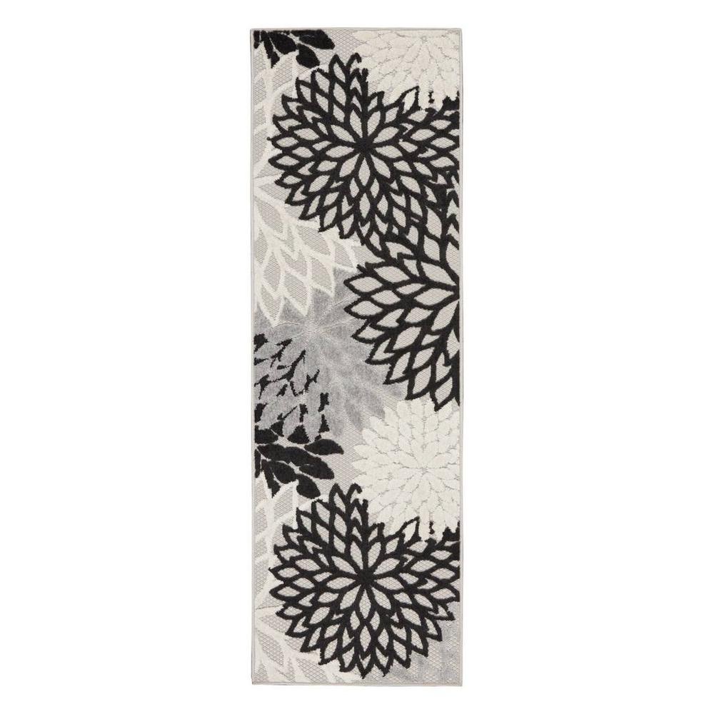 2' X 12' Black And White Floral Non Skid Indoor Outdoor Runner Rug. Picture 1