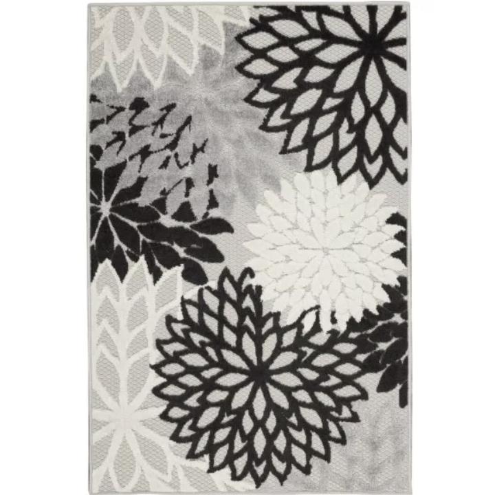 3' X 4' Black And White Floral Non Skid Indoor Outdoor Area Rug. Picture 1
