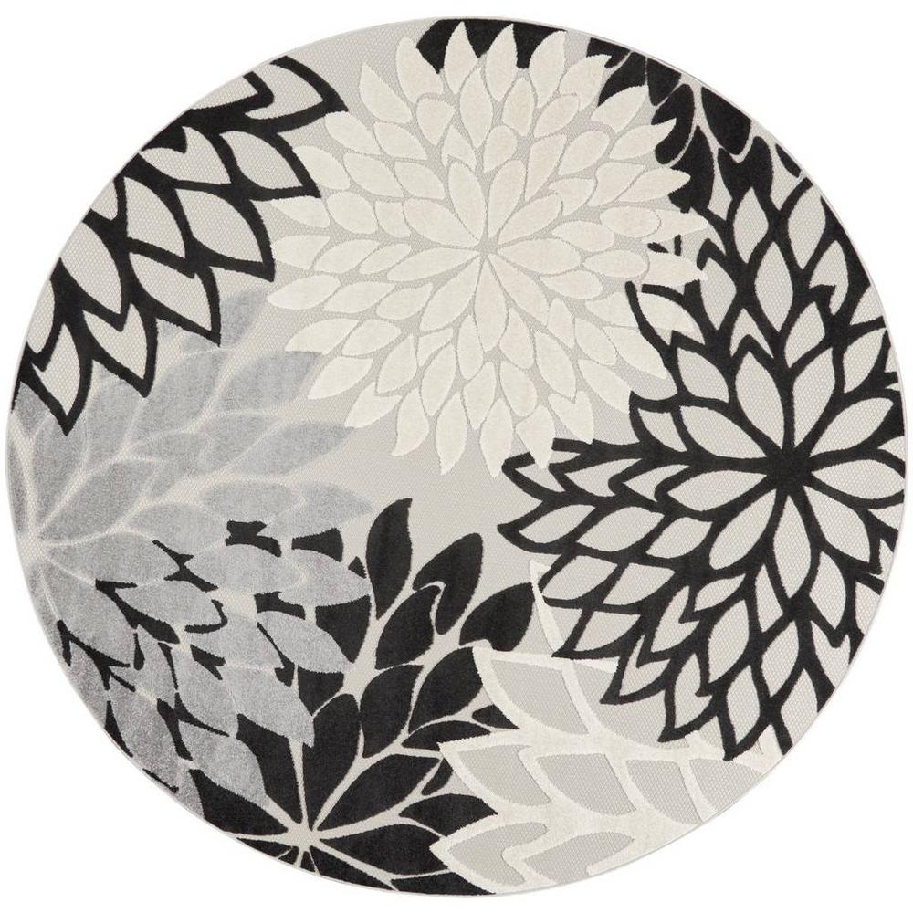 8' X 8' Black And White Round Floral Non Skid Indoor Outdoor Area Rug. Picture 1