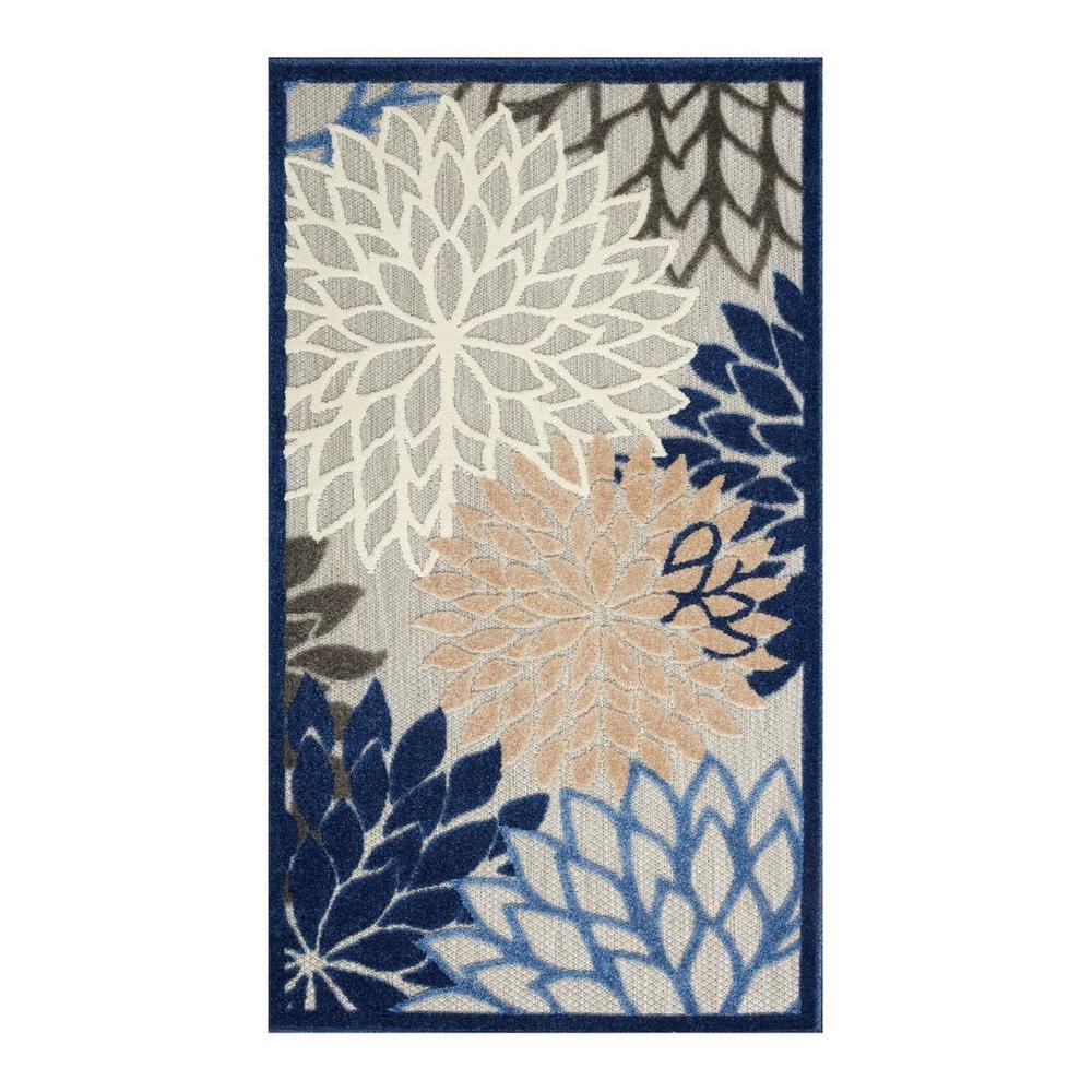 3' X 5' Blue Floral Non Skid Indoor Outdoor Area Rug. Picture 1