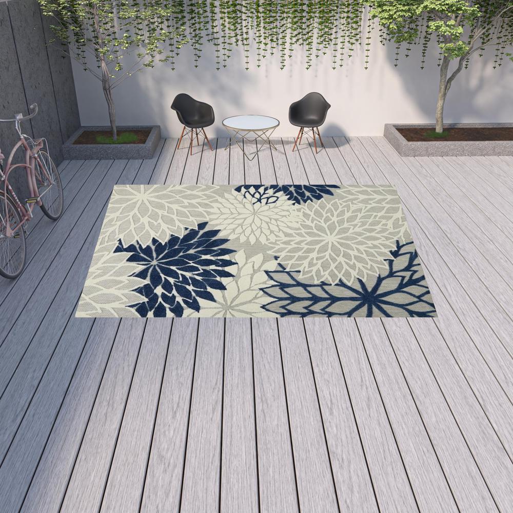 10' X 13' Ivory And Navy Floral Non Skid Indoor Outdoor Area Rug. Picture 2