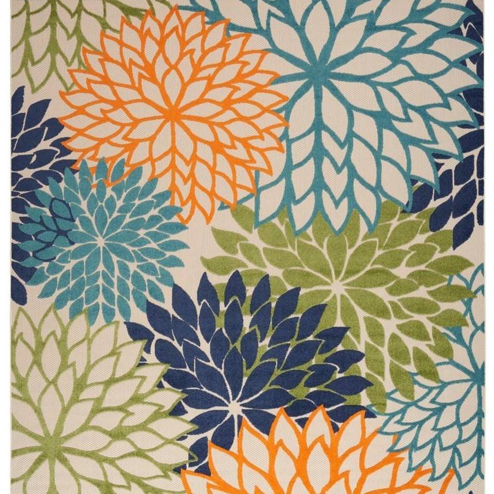 9' X 12' Orange Green And Blue Floral Non Skid Indoor Outdoor Area Rug. Picture 4