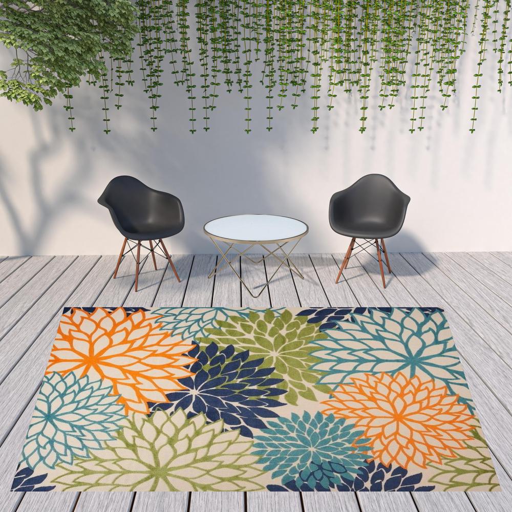 9' X 12' Orange Green And Blue Floral Non Skid Indoor Outdoor Area Rug. Picture 2