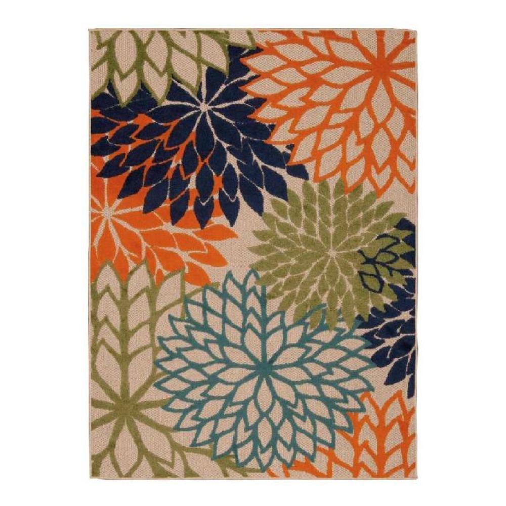 10' X 13' Orange Green And Blue Floral Non Skid Indoor Outdoor Area Rug. Picture 1