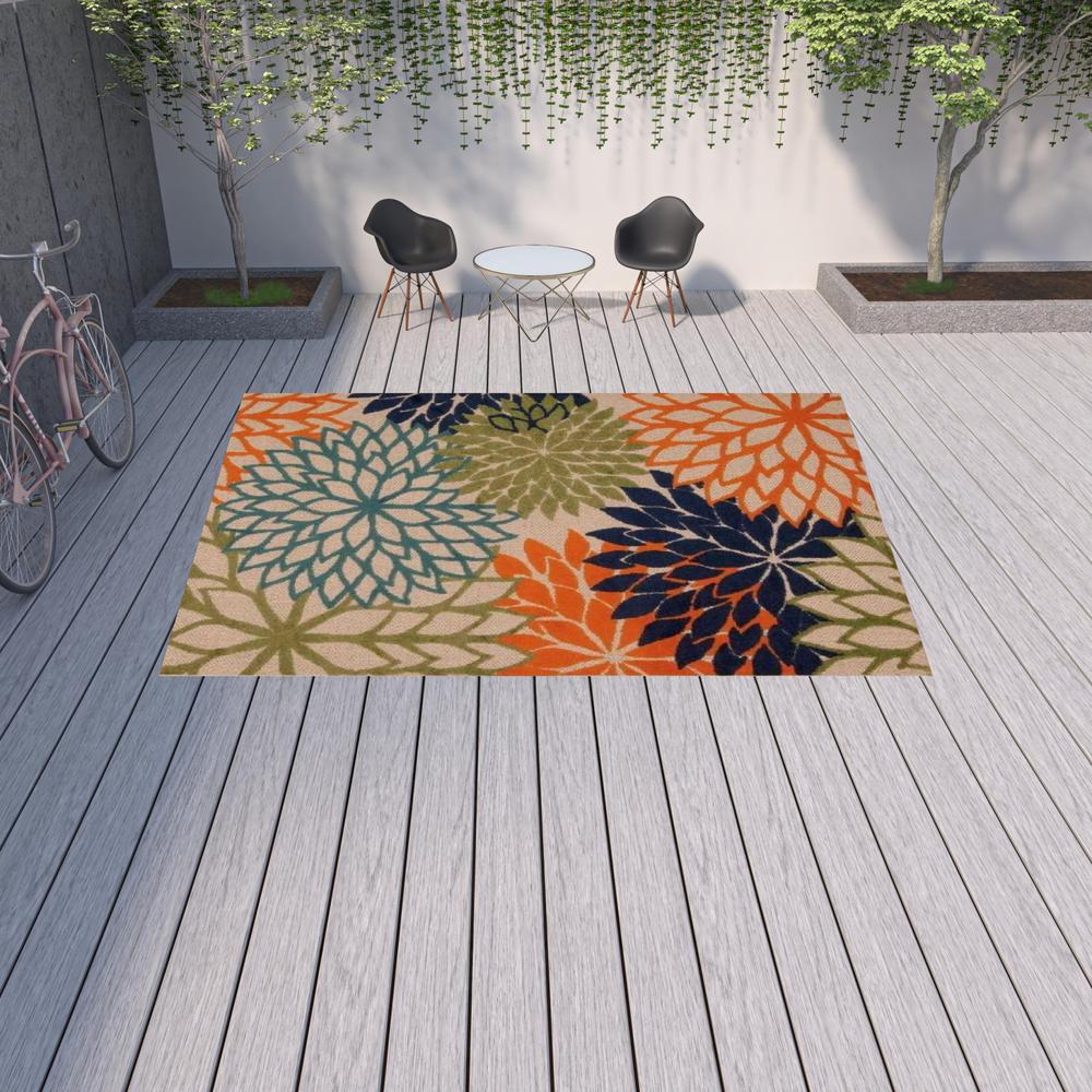 10' X 13' Orange Green And Blue Floral Non Skid Indoor Outdoor Area Rug. Picture 2