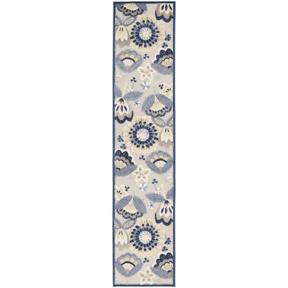2' X 10' Blue And Grey Floral Non Skid Indoor Outdoor Runner Rug. Picture 1