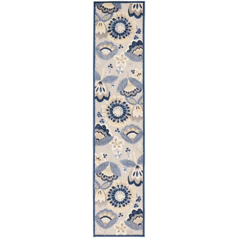 2' X 12' Blue And Grey Floral Non Skid Indoor Outdoor Runner Rug. Picture 1