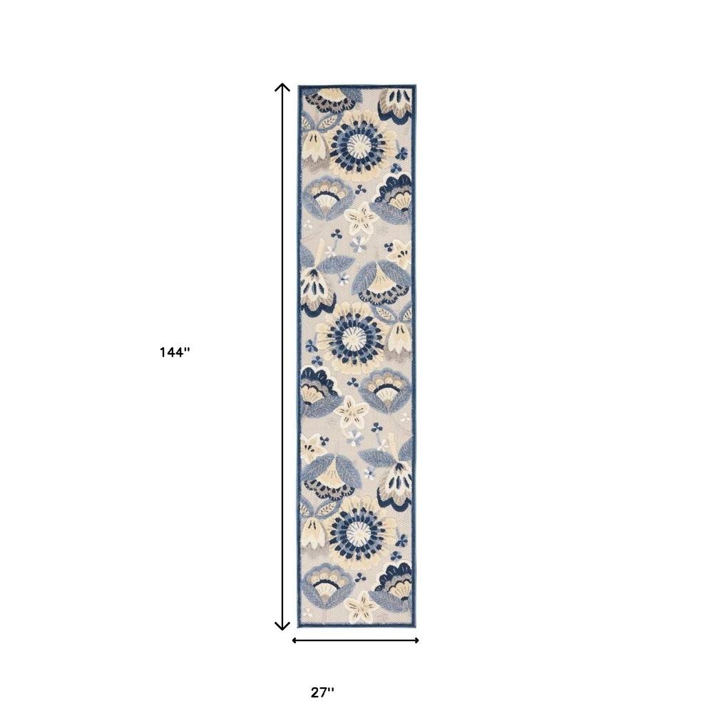 2' X 12' Blue And Grey Floral Non Skid Indoor Outdoor Runner Rug. Picture 5