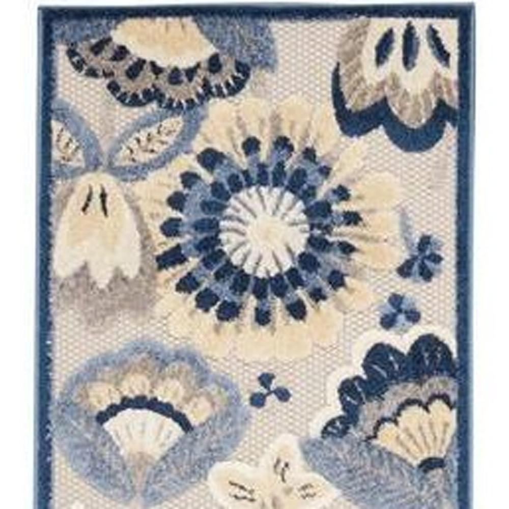 2' X 12' Blue And Grey Floral Non Skid Indoor Outdoor Runner Rug. Picture 4