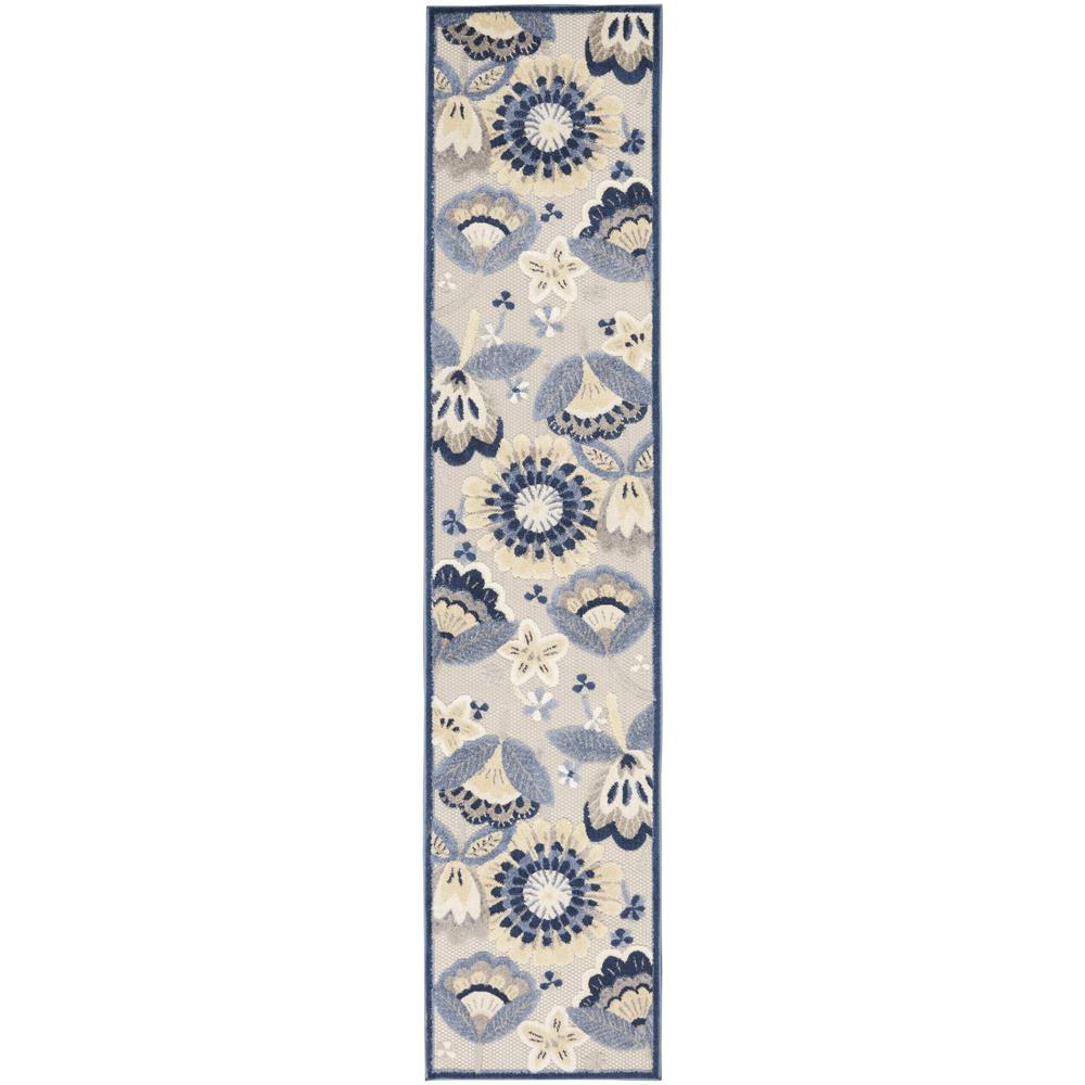 2' X 8' Blue And Grey Toile Non Skid Indoor Outdoor Runner Rug. Picture 1
