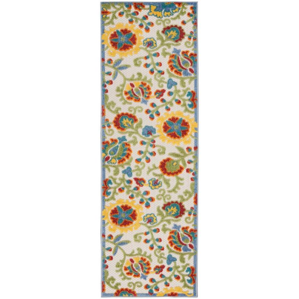 2' X 6' Ivory Green Yellow Floral Non Skid Indoor Outdoor Runner Rug. Picture 1