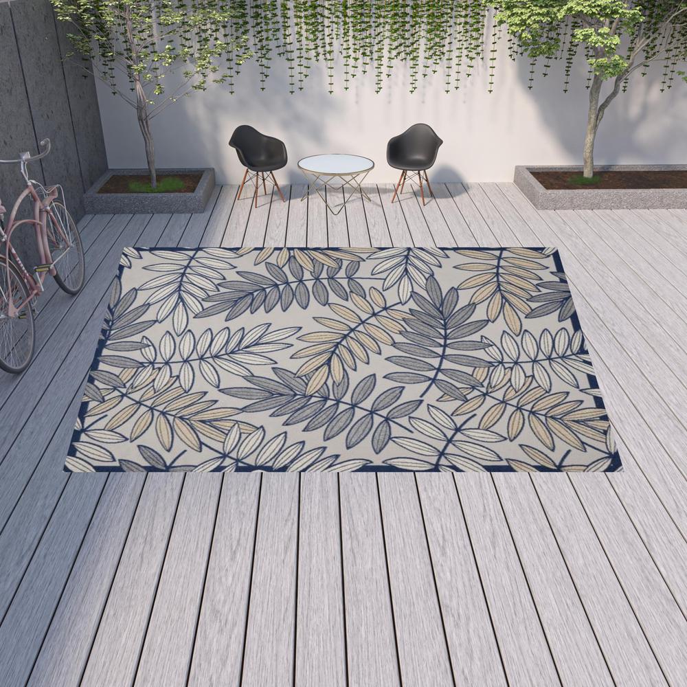12' X 15' Ivory And Navy Floral Non Skid Indoor Outdoor Area Rug. Picture 2