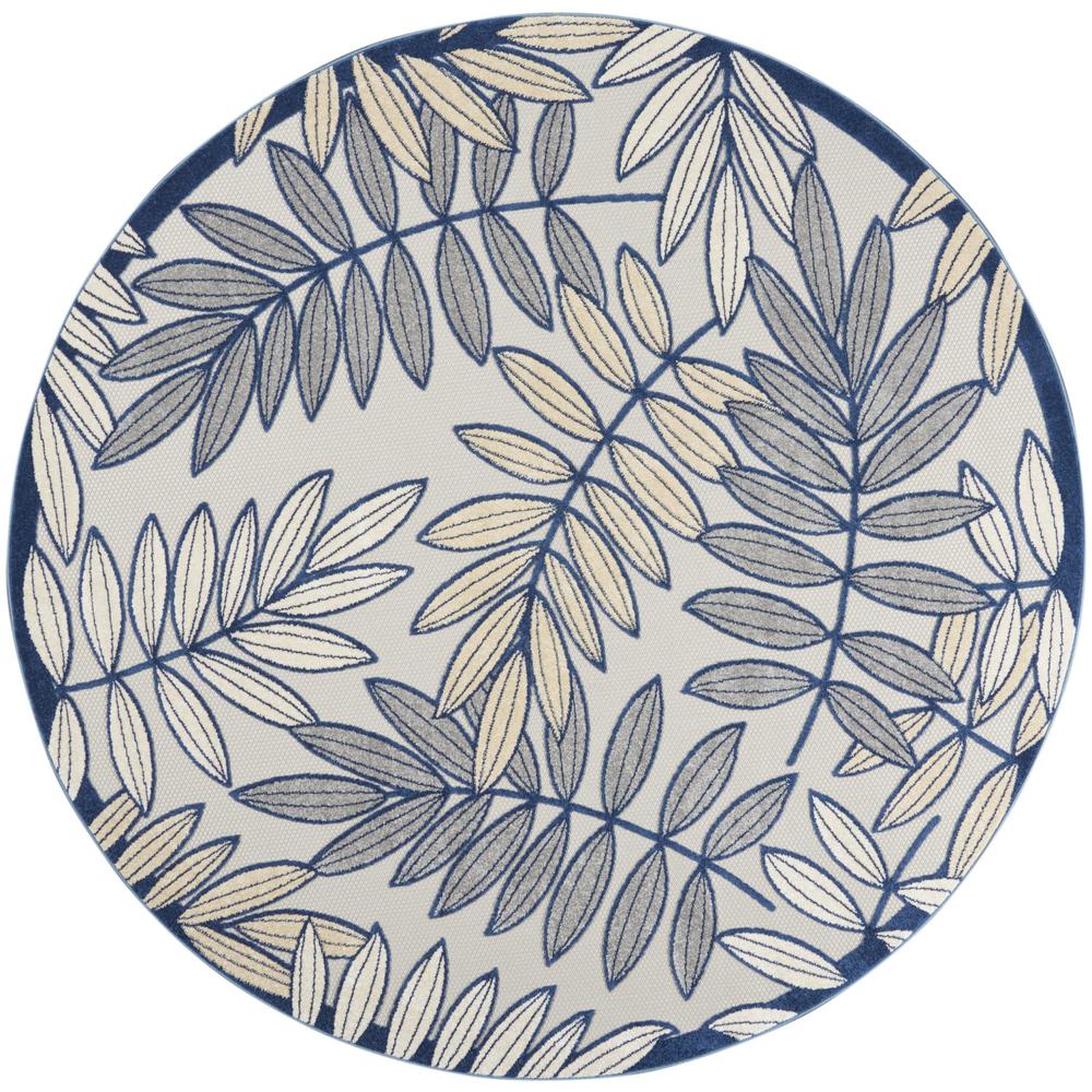 8' X 8' Ivory And Navy Round Floral Non Skid Indoor Outdoor Area Rug. Picture 1