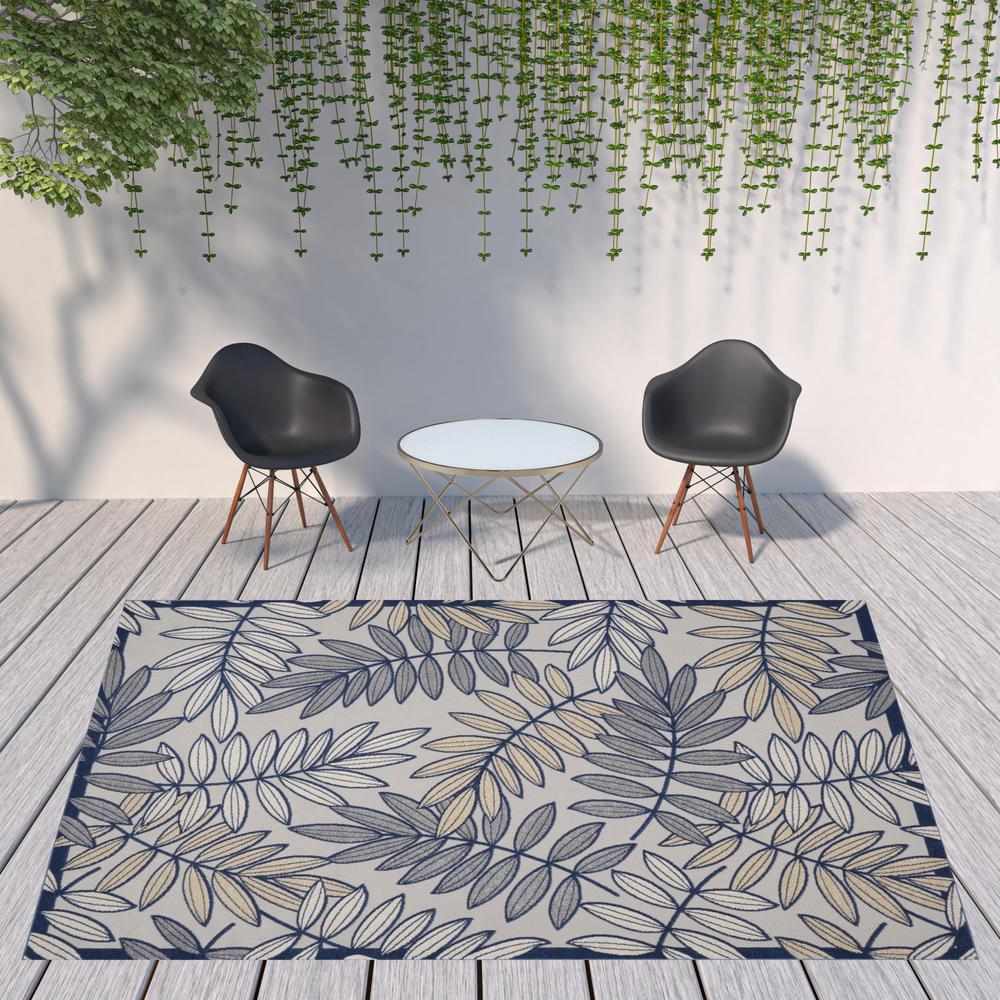 9' X 12' Ivory And Navy Floral Non Skid Indoor Outdoor Area Rug. Picture 2