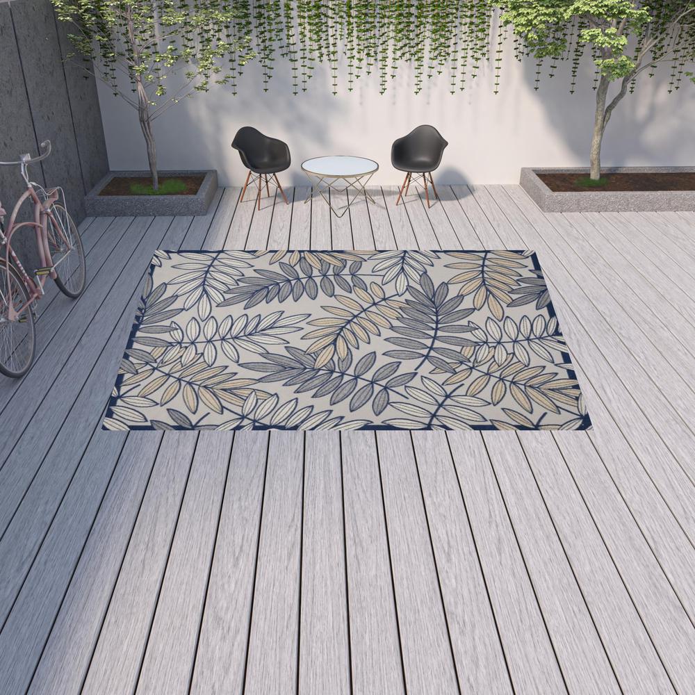 10' X 13' Ivory And Navy Floral Non Skid Indoor Outdoor Area Rug. Picture 2